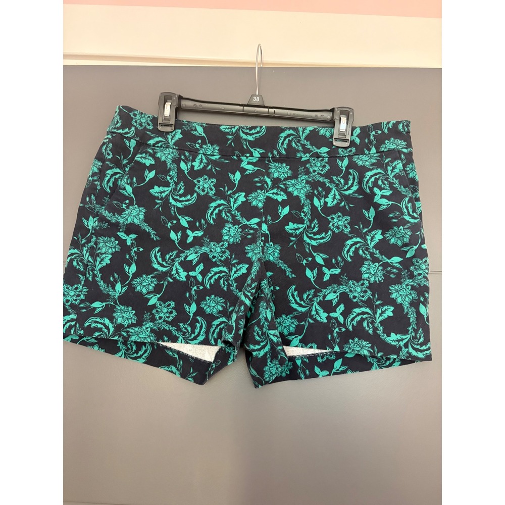 Banana Republic Womens 12 Navy‎ Blue Teal Floral Damask Side Zip Shorts Stretch